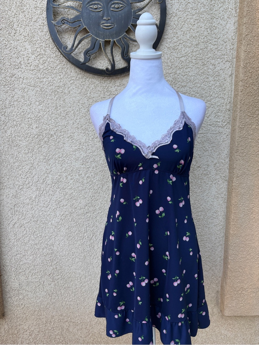 Navy Cherry Print Chemise Dress Lace Halter Empire Waist Coquette Cottagecore